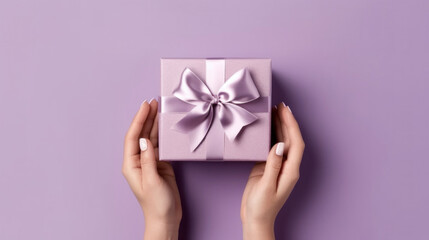 Female hands hold a gift box with a bow. Surprise preparation. Christmas Eve, Xmas and New Year postcard. Black Friday sales, Birthday celebration party concept.