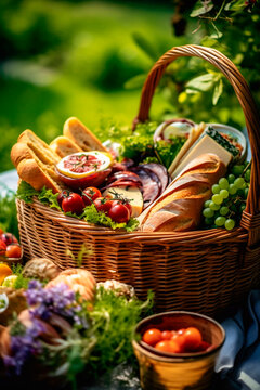 picnic basket overflowing with delicious food. Generative Ai,