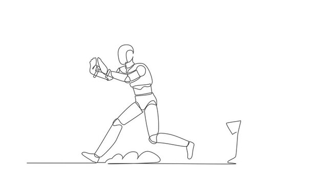 Self drawing animation of single line draw robot being chased by wallet. Losing money and business profit. Technology development. Artificial intelligence. Continuous line draw. Full length animated