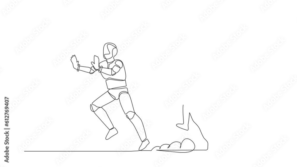 Poster self drawing animation of single line draw robot being chased by clipboard. hurry in finishing check