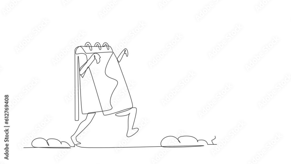 Poster animated self drawing of continuous one line draw stressed robot being chased by calendar. afraid wi