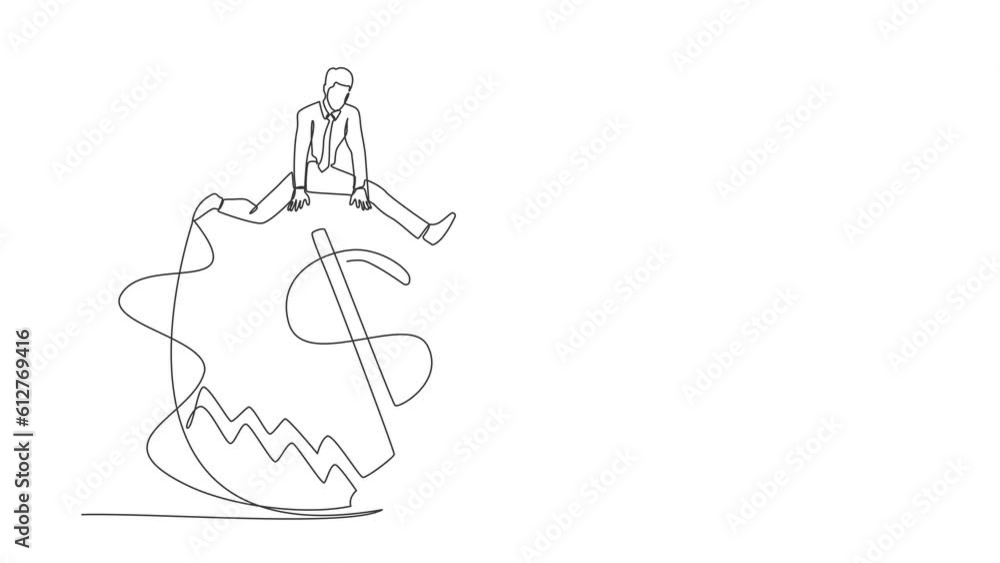 Poster self drawing animation of single one line draw businessman jumping over money pitfall or mouse trap 