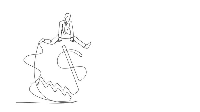 Self drawing animation of single one line draw businessman jumping over money pitfall or mouse trap with big money dollar sign bait. Financial money trap. Continuous line draw. Full length animated
