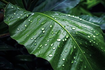 tropical green botanical jungle leaf with water droplets, water droplet on palm leaf in rainforest, tropic jungles plant
