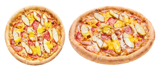 Delicious pizza with chicken fillet, ham, mozzarella and cheddar cheese, cut out