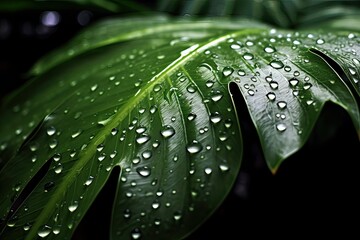 tropical green botanical jungle leaf with water droplets, water droplet on palm leaf in rainforest, tropic jungles plant