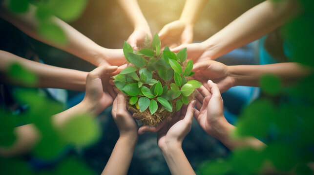 Many hands hold plants. Generative AI,