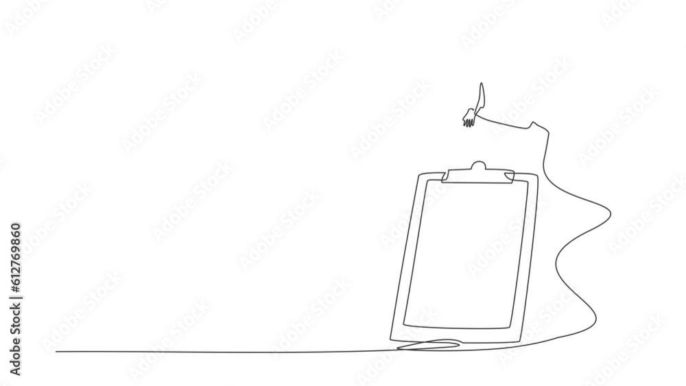 Poster self drawing animation of single one line draw businessman jumping over clipboard. successful comple