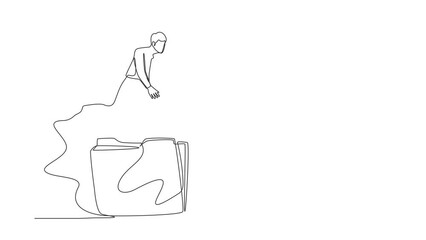 Animated self drawing of continuous line draw businessman jumping over folder icon. Office paper document file folders. Analysing and researching creative process. Full length single line animation - Powered by Adobe