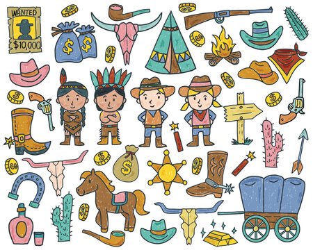 Hand Drawn Cute Cartoon Cowboy and Native American Indian and Elements, Vector Illustration