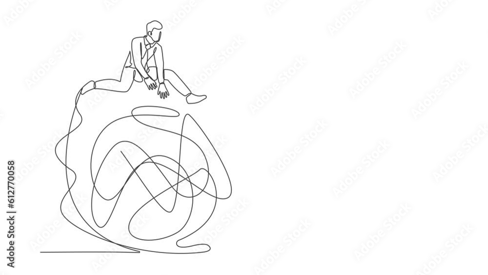 Poster animated self drawing of continuous one line draw businessman jumping over tangled scribble. solutio