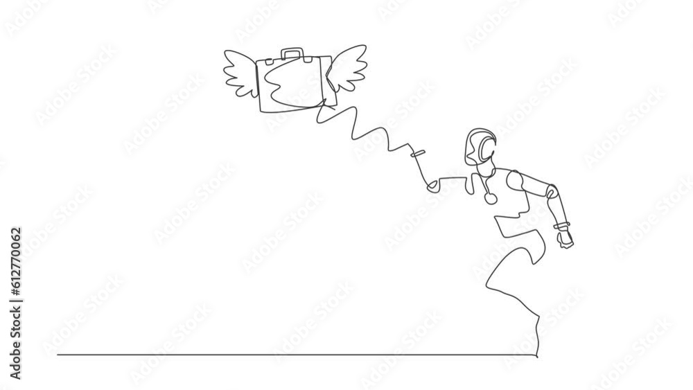 Poster animated self drawing of continuous line draw robot try to catch flying briefcase with butterfly net