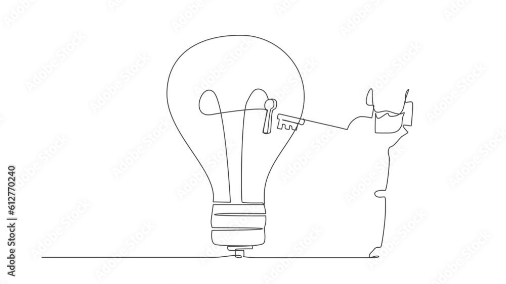 Poster self drawing animation of single one line draw robot put key into light bulb. unlock innovation on b