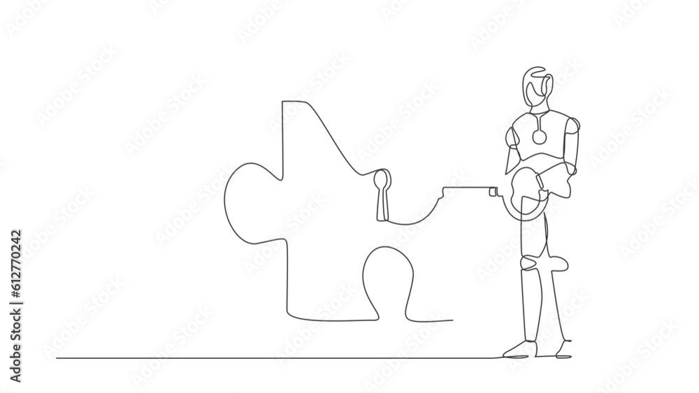 Poster animated self drawing of continuous line draw robot putting key into puzzle piece. teamwork and part