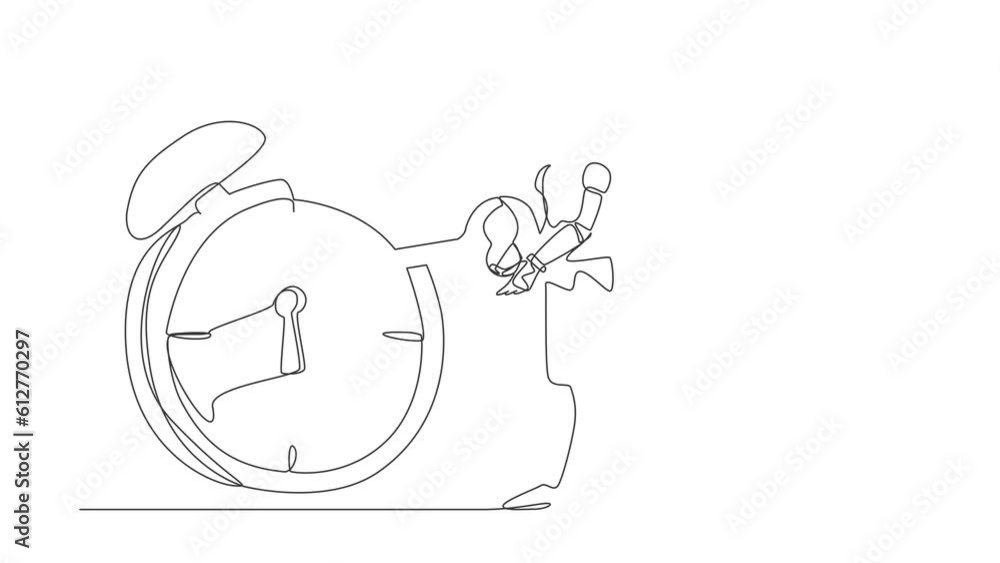 Poster self drawing animation of single line draw robot putting big key into alarm clock. deadline work to 