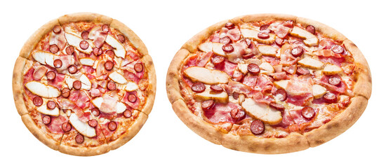 Delicious pizza with chicken fillet, bacon, ham sausages, mozzarella and tomato sauce, cut out