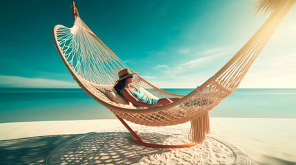 a woman relaxes and enjoys the sun on vacation on the beach in a wicker hammock. Generative Ai, - obrazy, fototapety, plakaty