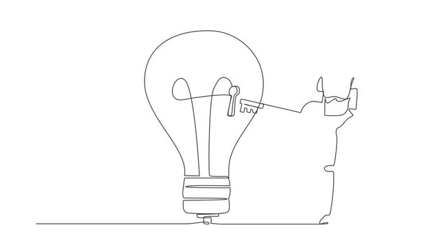 Self drawing animation of single one line draw robot put key into light bulb. Unlock innovation on business idea. Future technology. Artificial intelligence. Continuous line draw. Full length animated