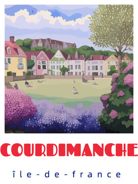 Courdimanche: Retro tourism poster with a French landscape and the headline Courdimanche / &Icirc;le-de-France