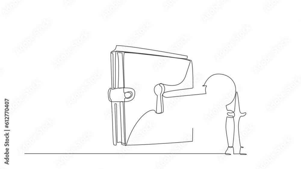Poster animated self drawing of continuous line draw robot put big key into wallet. money protection securi