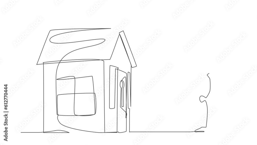 Aufkleber animated self drawing of continuous line draw robot putting key into house. investing money in real 