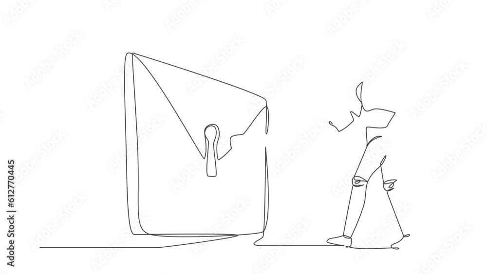 Poster self drawing animation of single line draw robot putting key into mail. digital message protection o