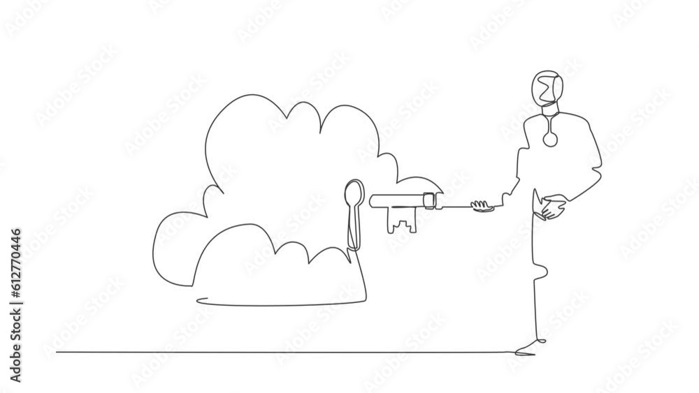 Aufkleber animated self drawing of continuous line draw robot putting key into cloud. safety storage, password