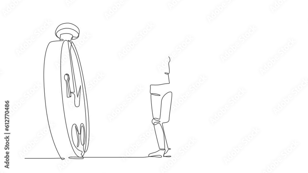 Poster animated self drawing of continuous line draw robot putting big key into stopwatch. effective planni