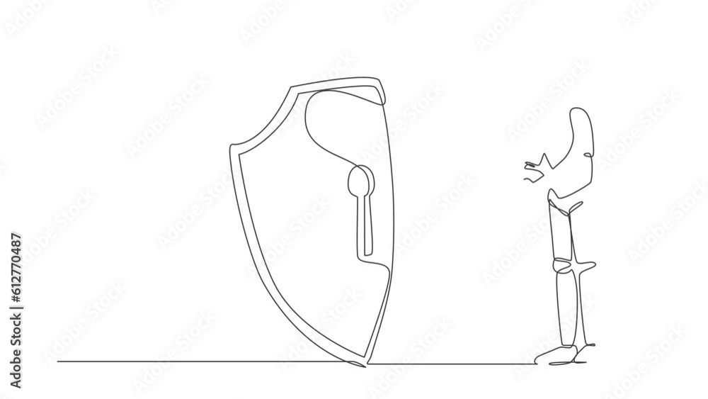 Poster self drawing animation of single line draw robot put key into shield. internet security protection. 