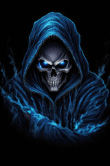 Skeleton figure with glowing blue eyes
Hooded skull with fiery blue gaze