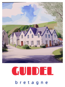 Guidel: Retro tourism poster with a French landscape and the headline Guidel / Bretagne