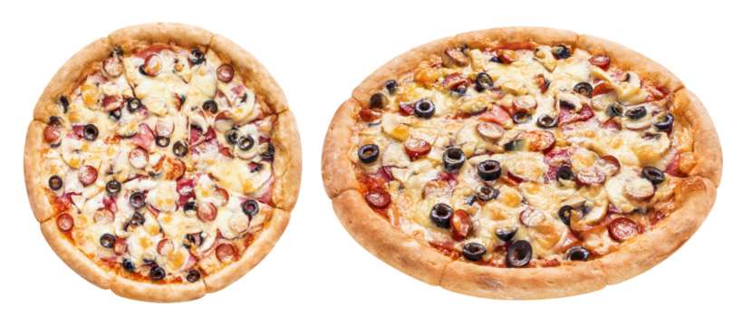 Delicious pizza with ham, salami, sausages, mushrooms, mozzarella, olives and tomato sauce, cut out