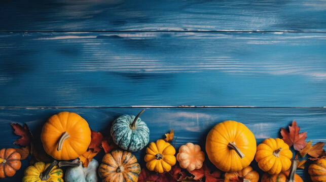 Colorful Thanksgiving blue wooden background photo place for text