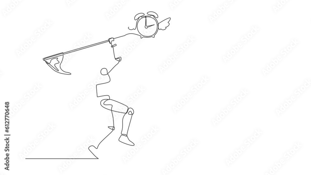 Poster animated self drawing of continuous line draw robot try to catching flying alarm clock with net. rob