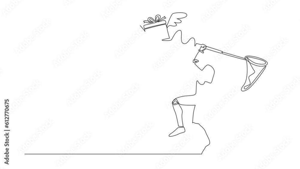 Poster self drawing animation of single one line draw robot try to catching flying gift box with net. winge