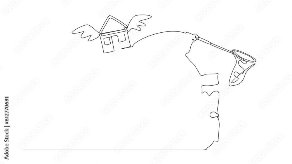 Poster self drawing animation of single one line draw robot try to catching flying house with net. price in