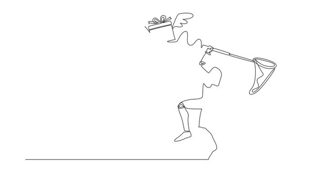 Self drawing animation of single one line draw robot try to catching flying gift box with net. Winged gift box. Future technology. Artificial intelligence. Continuous line draw. Full length animated