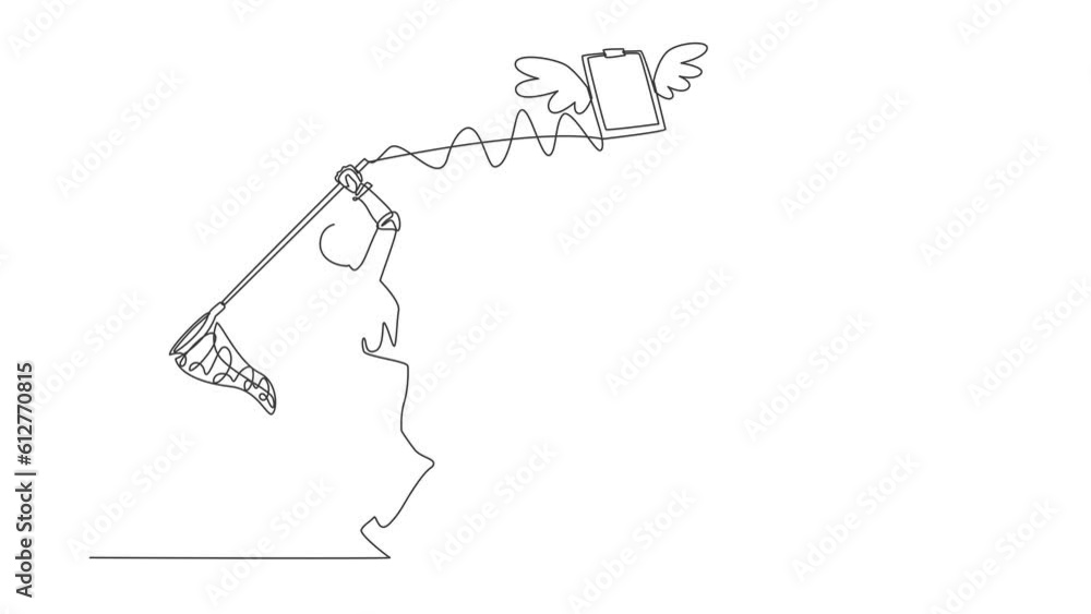 Poster animated self drawing of single continuous line draw robot try to catching flying clipboard with net