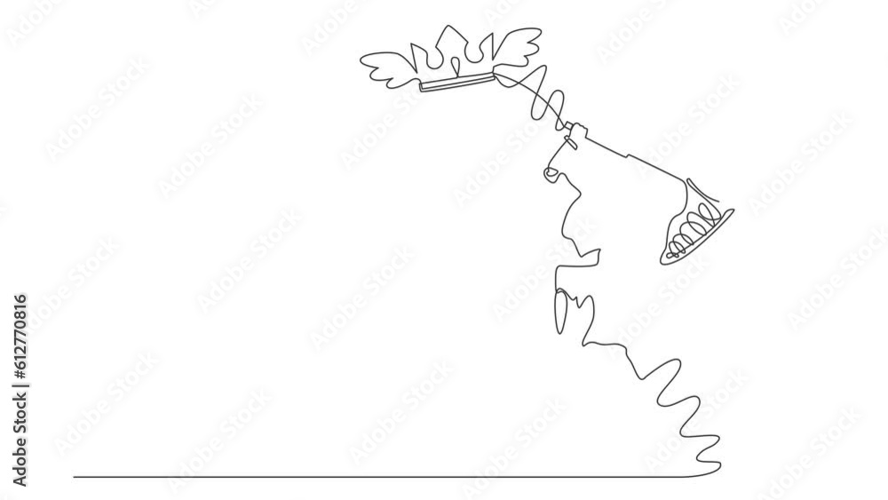 Poster animated self drawing of continuous line draw robot try to catching flying crown with net. royal, lu