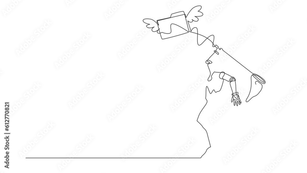 Poster animated self drawing of continuous line draw robot try to catch flying folder with net. analyzing t