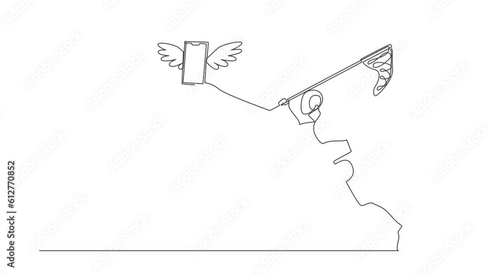 Poster self drawing animation of single one line draw robot try to catch flying smartphone with net. commun