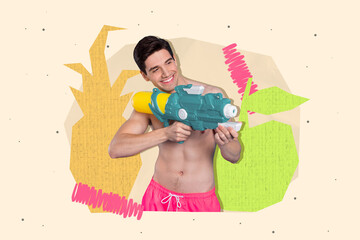 Creative composite illustration collage photo of good mood guy shooting water at party swimming...