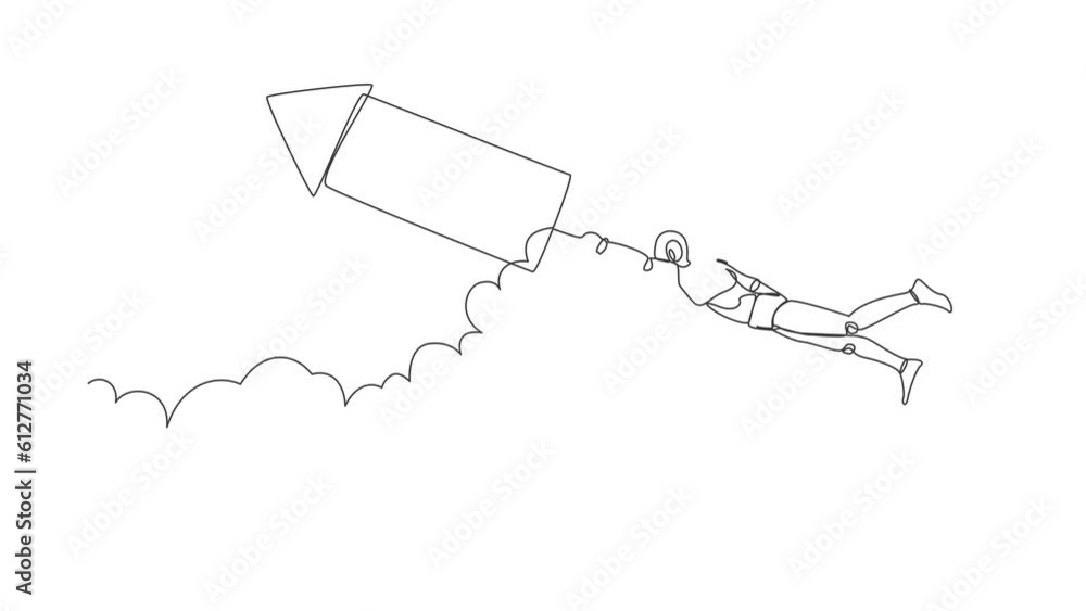 Poster animated self drawing of continuous line draw robot fly on fireworks rockets while looking at busine