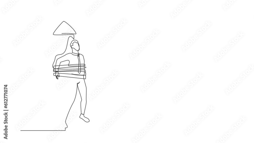 Poster animated self drawing of continuous line draw businessman being tied to launching rocket, feeling an