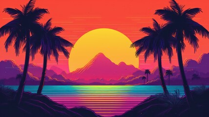 Summer vibes 80s style illustration with sunset. Generative AI