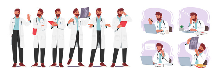 Professional Male Doctor Character In White Lab Coat With Stethoscope, Clipboard, X-ray And Laptop, Man Medic