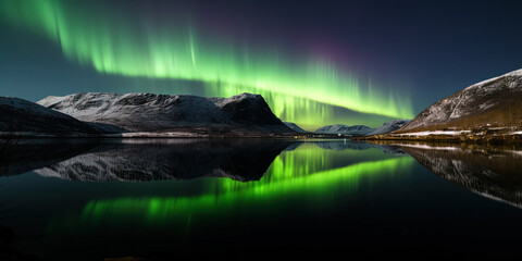 Fototapeta na wymiar beautiful panoramic view of mountain range in winter with green Northern Lights
