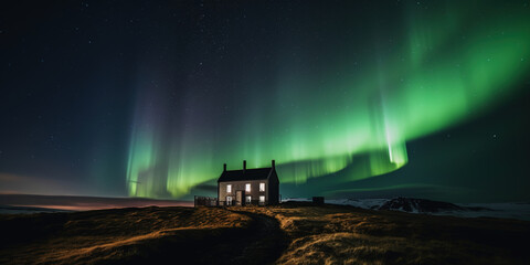 lonely house in the mountains with amazing Aurora natural phenomenon in the sky