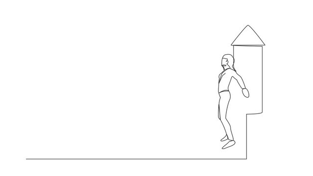 Animated self drawing of continuous line draw businesswoman being fired and tied to launching rocket, feeling afraid painful. Fear of financial crisis. Business failure. Full length one line animation