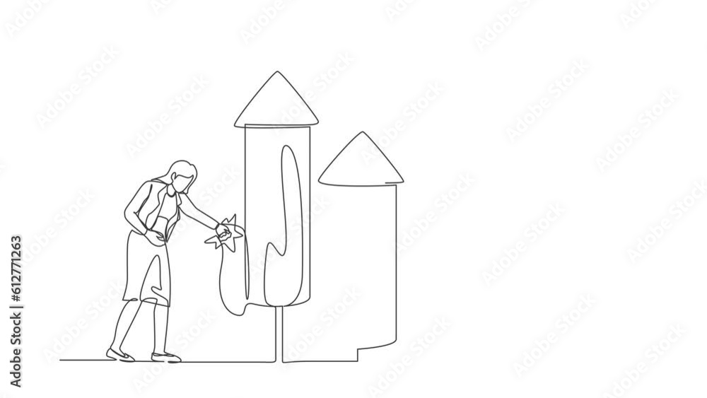 Poster animated self drawing of continuous line draw businesswoman ignite firework rocket bar graph to incr